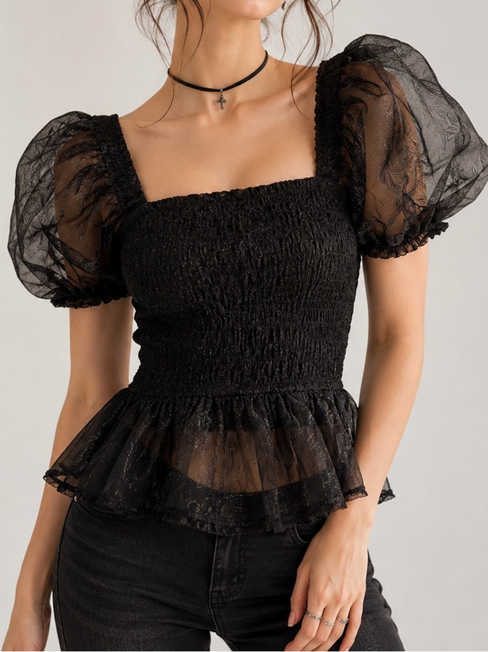 twik Black Sheer Puff-Sleeve Smocked Peplum Top - Picture 1 of 8